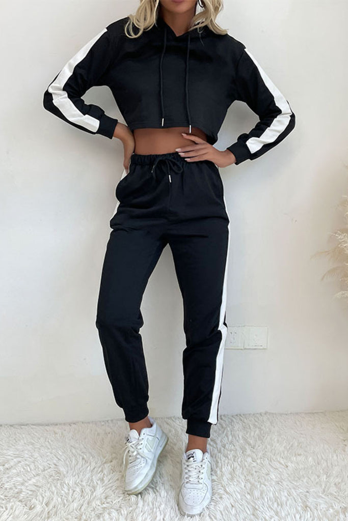 Side Stripe Cropped Hoodie and Jogger Set - Zoretti Clothing